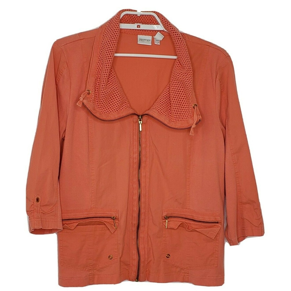 Chico's Zenergy Jacket Size 2 Salmon 3/4 Sleeve Cowl Neck Full Zip Lightweight